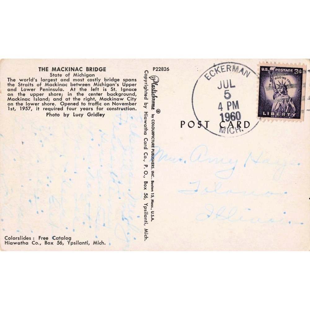 Vintage 1960 Mackinac Bridge Michigan Postcard Plastichrome Lucy Gridley VG- - Picture 2 of 2
